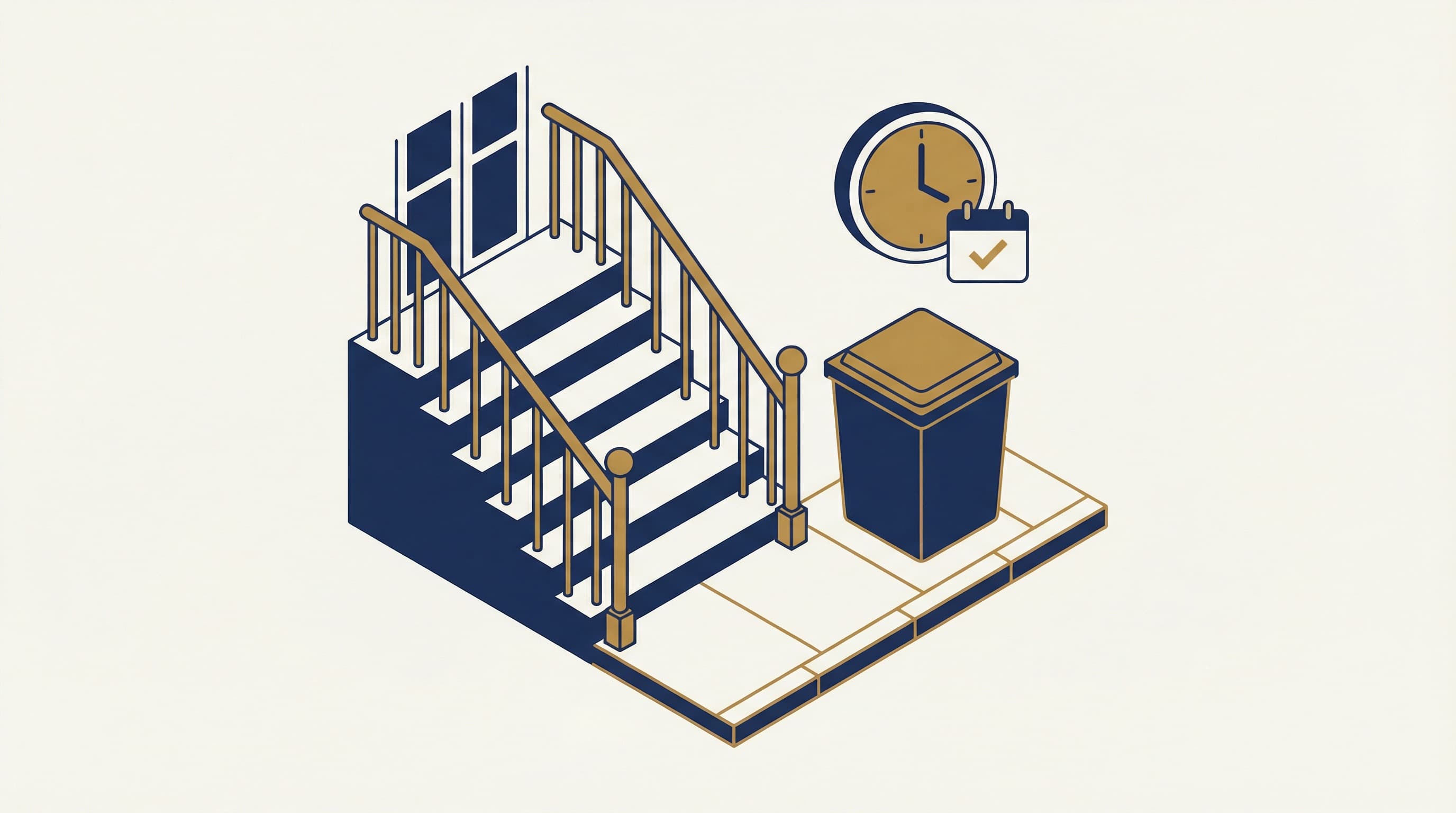 Isometric illustration of a NYC brownstone stoop with a lidded trash container and clock showing setout timing