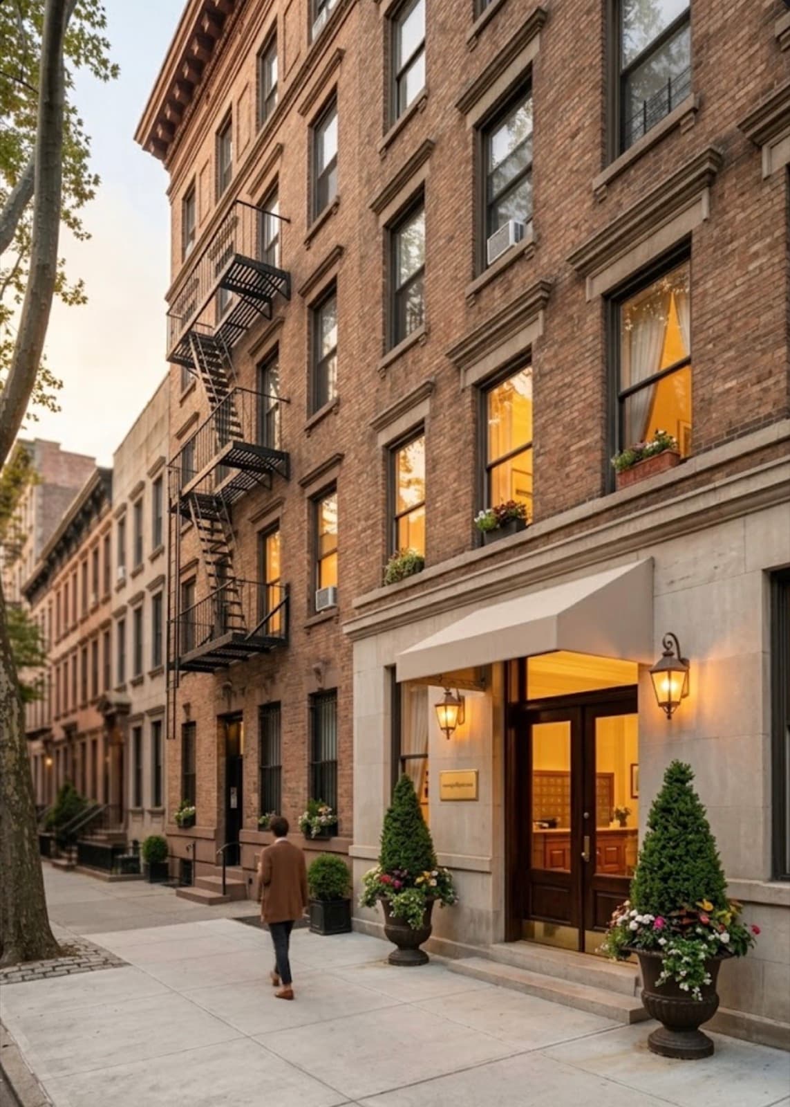 Manhattan brownstones at golden hour with fire escapes