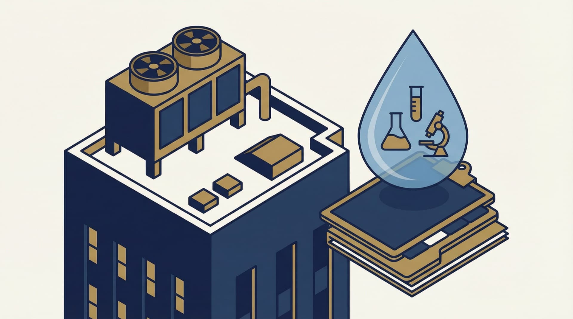 Isometric illustration of a NYC rooftop cooling tower with water droplet containing laboratory testing icons