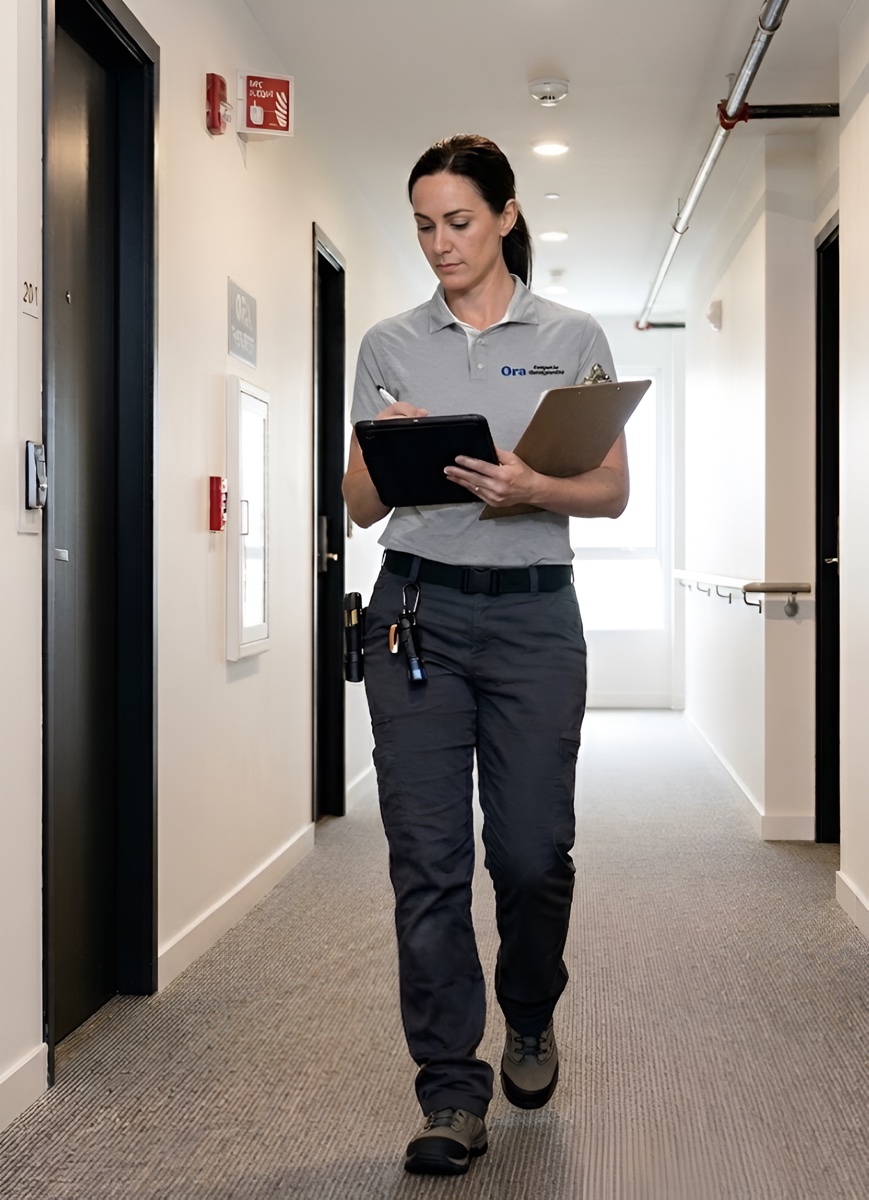Ora property manager conducting a building hallway inspection